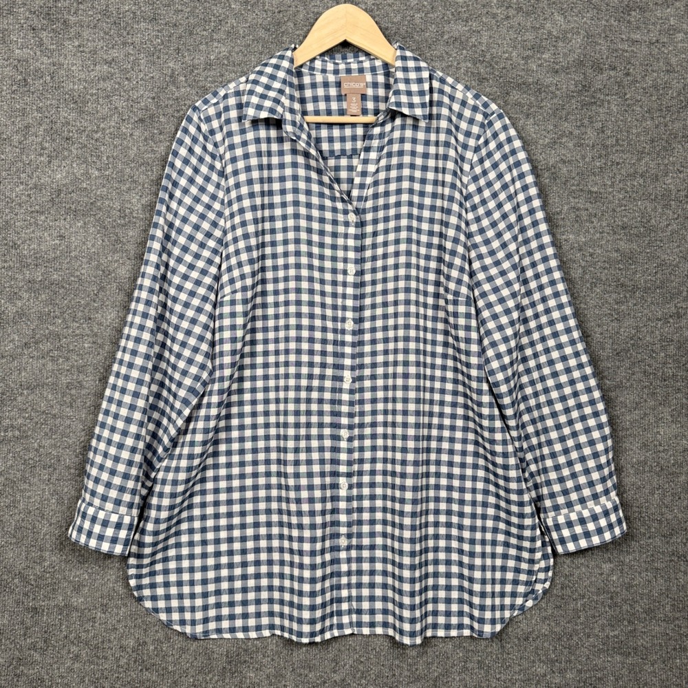 Chico's Womens Sz 3 US XL Shirt White Blue Checkered Gingham Casual Lightweight